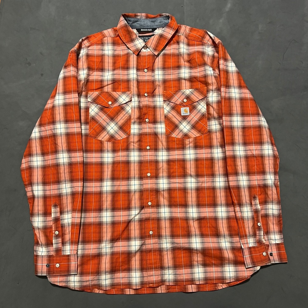 Carhartt XL Tall Relaxed‎ Fit Pearl Snap Rugged Flex Orange Plaid Shirt